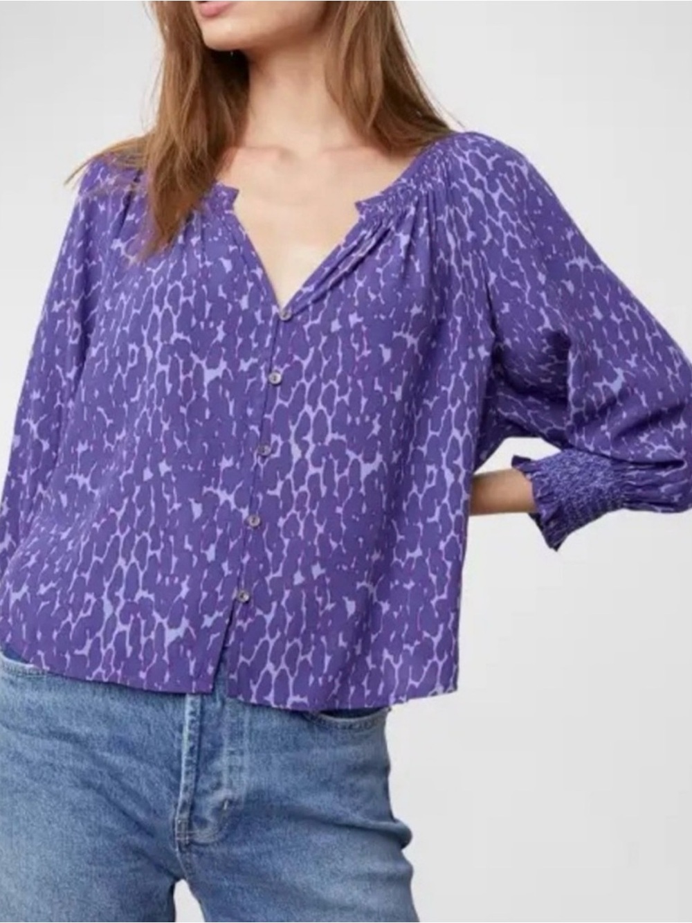 Rails Purple Animal Print Smocked Button Front Blouse Size M